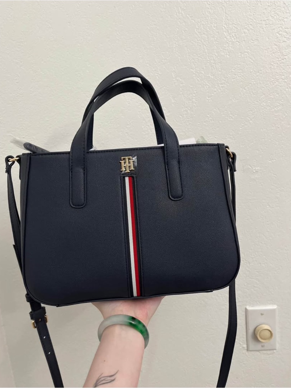 Tommy Hilfiger Navy Leather Satchel with Red & White Stripe